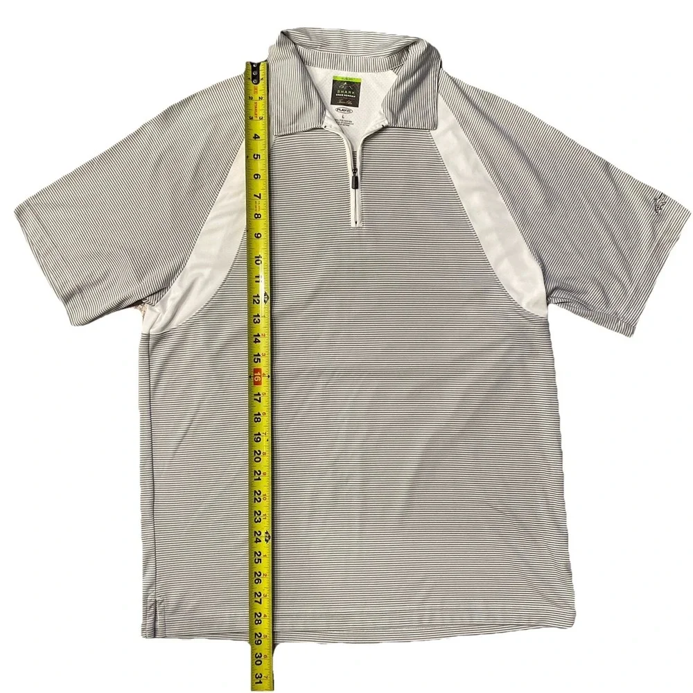 Greg Norman Men's Golf Polo Large Grey White Striped Shark Tasso Elba Play-Dry - Picture 4 of 9